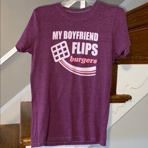 Burgundy T-shirt "My Boyfriend Flips Burgers" Size Medium